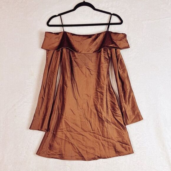 Lulus Luxurious Vision Brown Satin Off-the-Shoulder Mini Dress Size S NWT - Picture 5 of 9